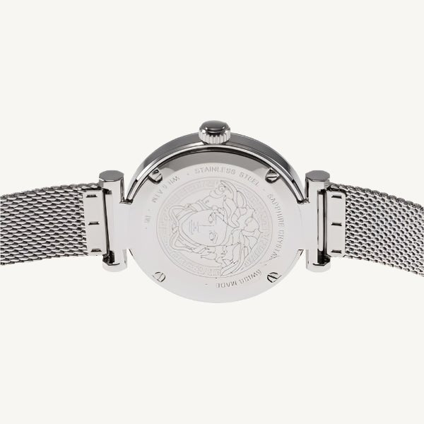 Versace VE1CA0423 Lady ladies watch with silver-tone polished/matte stainless steel case and bracelet, silver-grey dial, sapphire glass – sophisticated Swiss quartz watch for women.