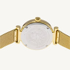 Versace VE1CA0623 Lady ladies watch with gold-tone polished/matte stainless steel case and bracelet, silver-gold dial, sapphire glass – elegant Swiss quartz luxury watch for women.