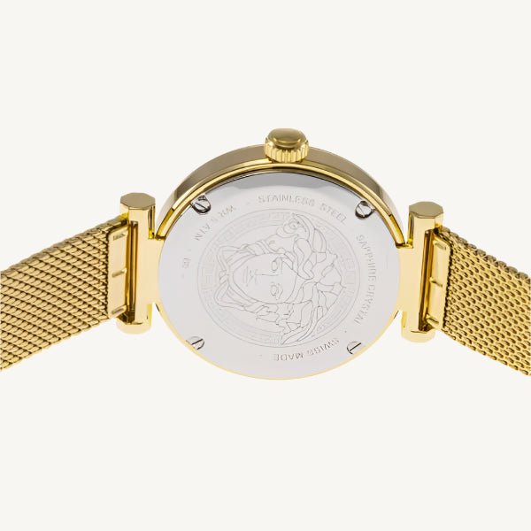 Versace VE1CA0623 Lady ladies watch with gold-tone polished/matte stainless steel case and bracelet, silver-gold dial, sapphire glass – elegant Swiss quartz luxury watch for women.