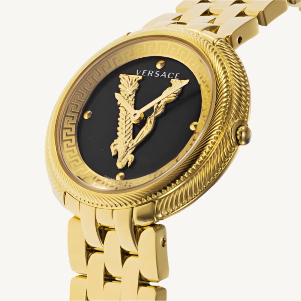 Versace VE2CA0723 New Lady ladies watch with polished gold-tone stainless steel case and bracelet, sleek black dial, sapphire glass – sophisticated Swiss quartz watch for women.