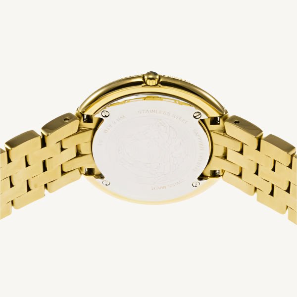Versace VE2CA0723 New Lady ladies watch with polished gold-tone stainless steel case and bracelet, sleek black dial, sapphire glass – sophisticated Swiss quartz watch for women.
