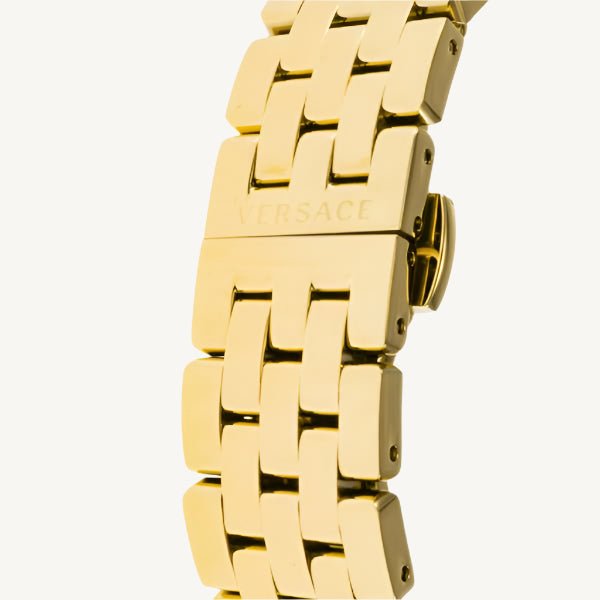Versace VE2CA0723 New Lady ladies watch with polished gold-tone stainless steel case and bracelet, sleek black dial, sapphire glass – sophisticated Swiss quartz watch for women.