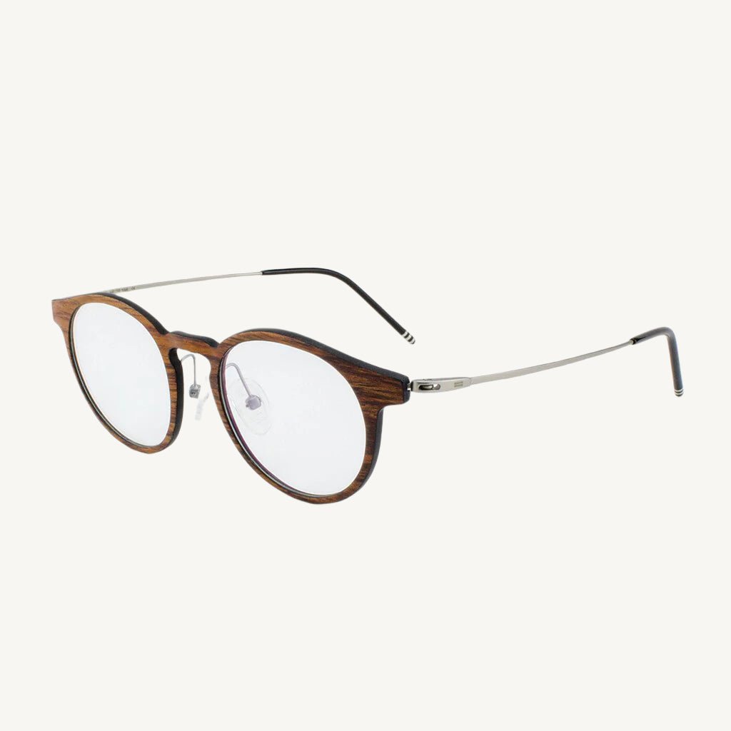 Marion featherlight titanium and wood eyeglasses — modern and stylish, featuring a unique blend of natural wood accents and ultra-light titanium frames. Perfect for comfort and elegance.