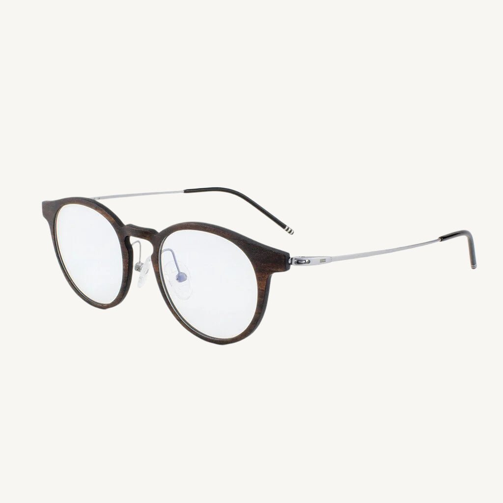 Marion featherlight titanium and wood eyeglasses — modern and stylish, featuring a unique blend of natural wood accents and ultra-light titanium frames. Perfect for comfort and elegance.
