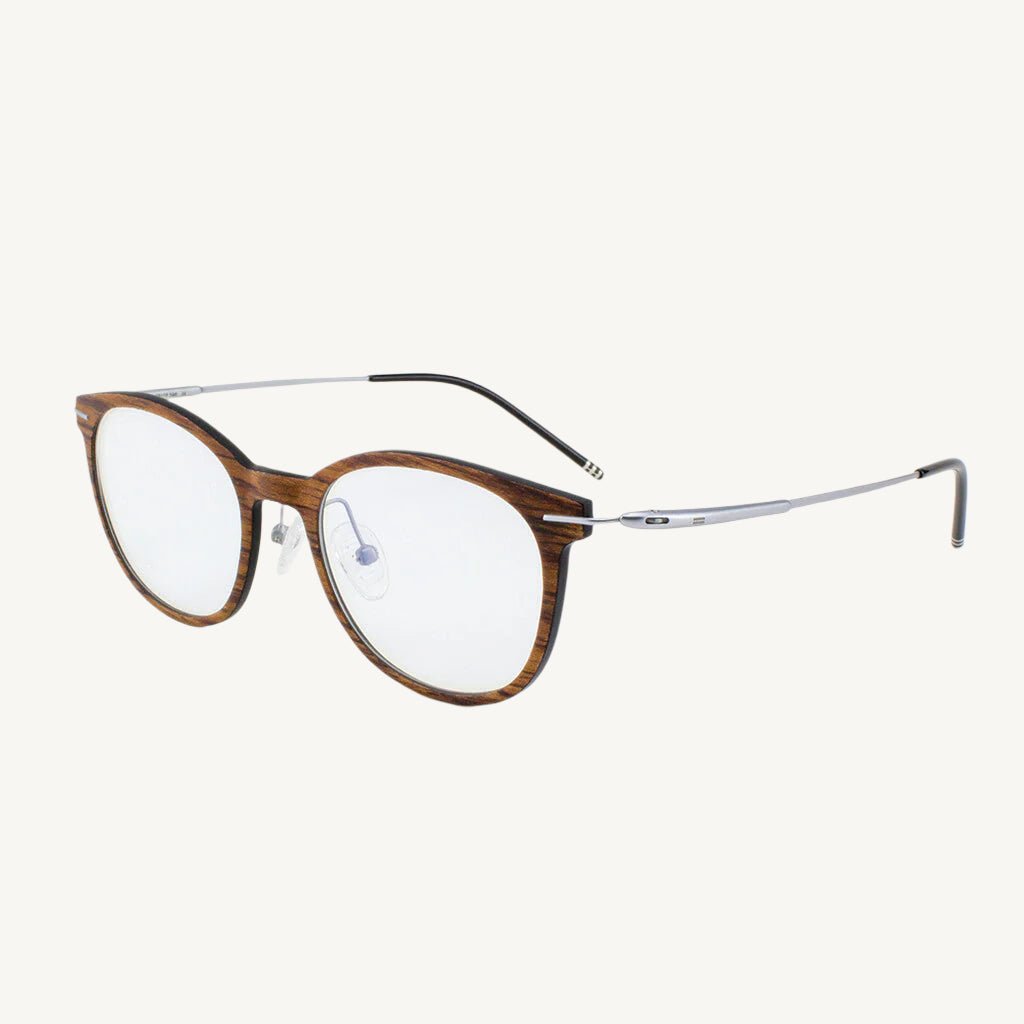 Pinellas featherlight titanium and wood eyeglasses — stylish, ultra-light, and durable, combining sleek titanium frames with natural wood accents for a modern and refined look.