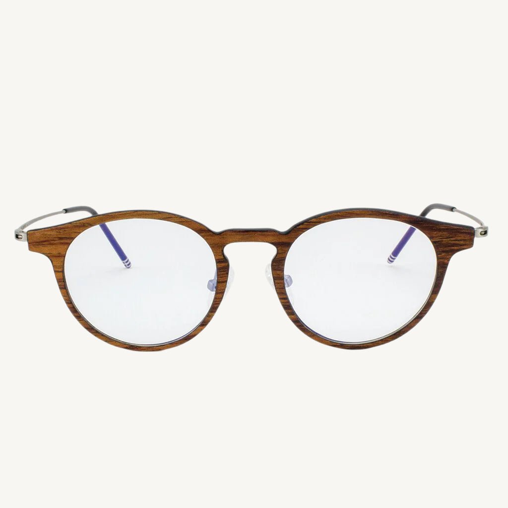 Marion featherlight titanium and wood eyeglasses — modern and stylish, featuring a unique blend of natural wood accents and ultra-light titanium frames. Perfect for comfort and elegance.