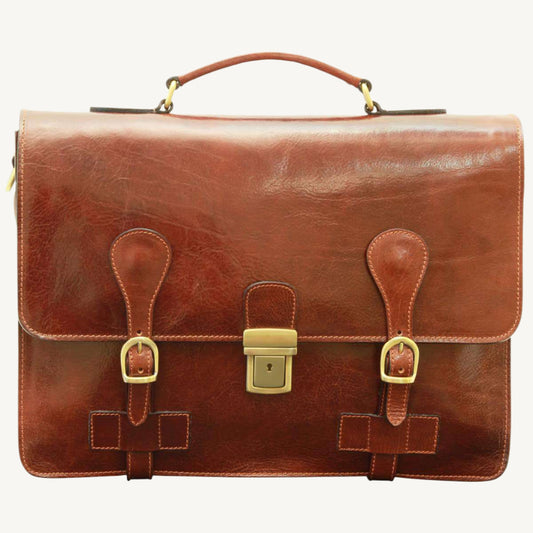 Leather Briefcase with Buckle Closures – Brown Full-Grain Calfskin