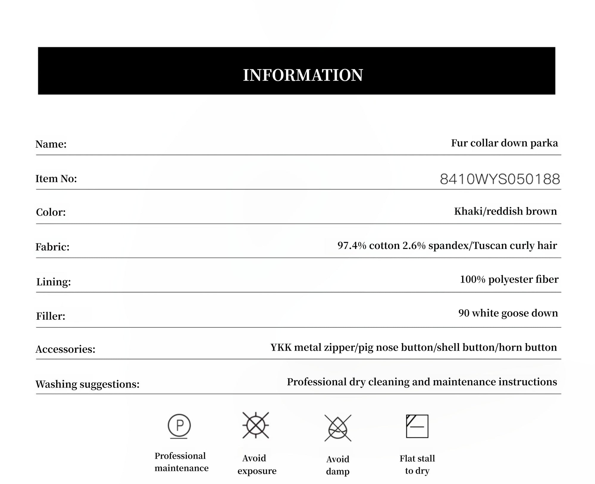 Product information sheet for a fur collar down parka with specifications and care instructions.