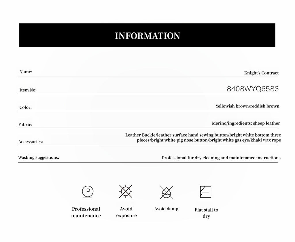 Product information sheet for 'Knight's Contract' with item details and care instructions.