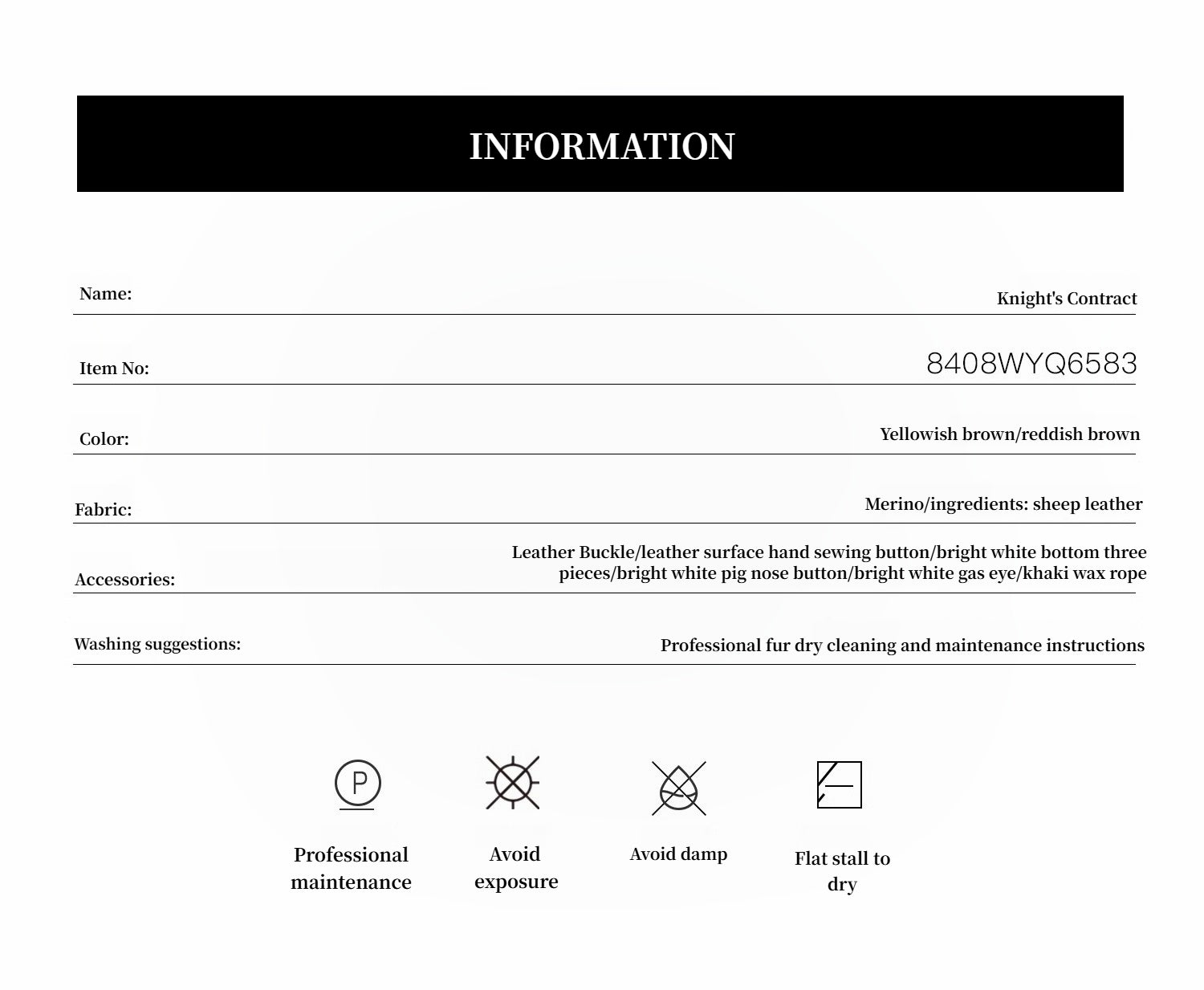 Product information sheet for 'Knight's Contract' with item details and care instructions.