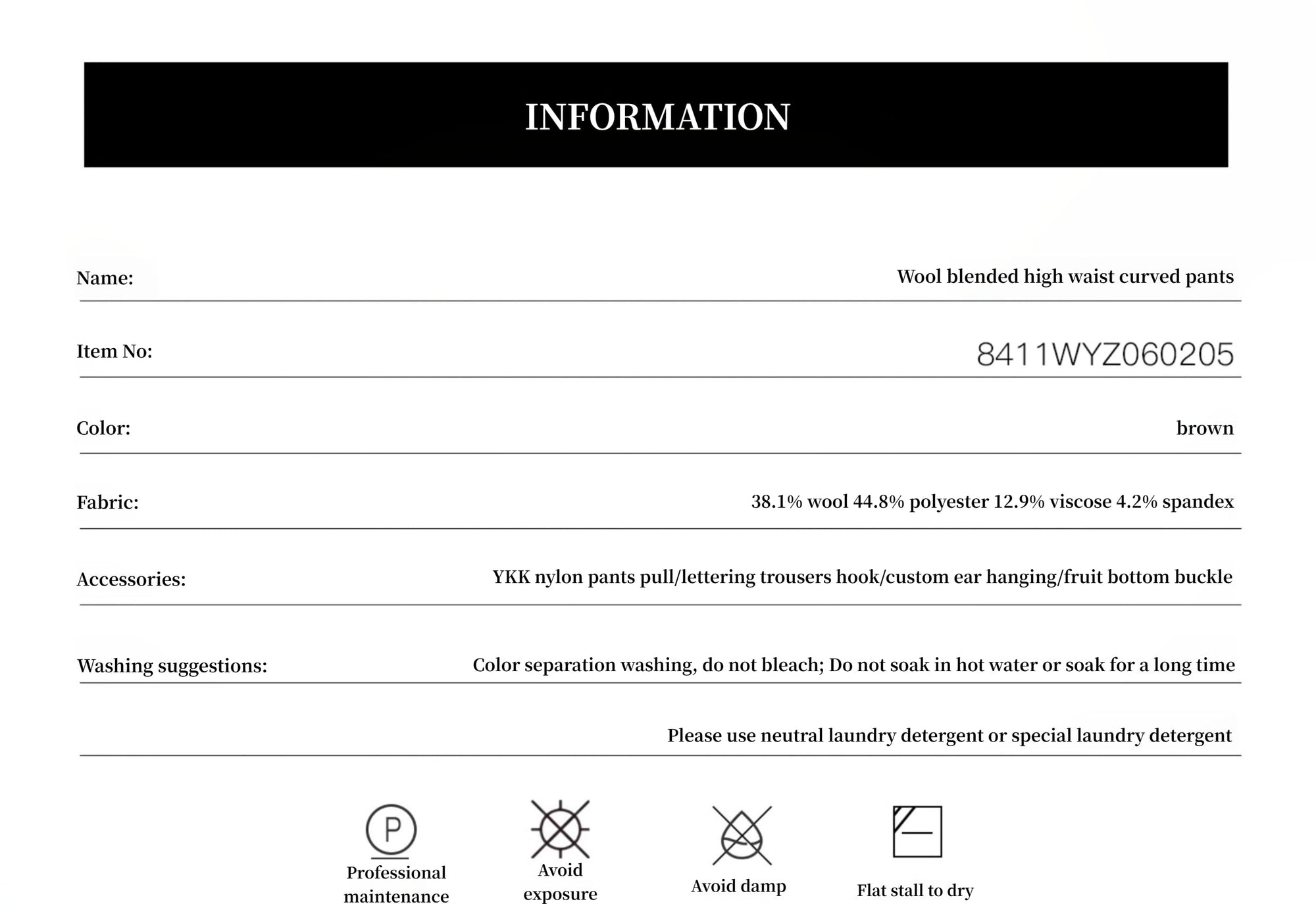 Product information sheet for wood blended high waist curved pants with details on item number, color, fabric composition, accessories, and washing instructions.