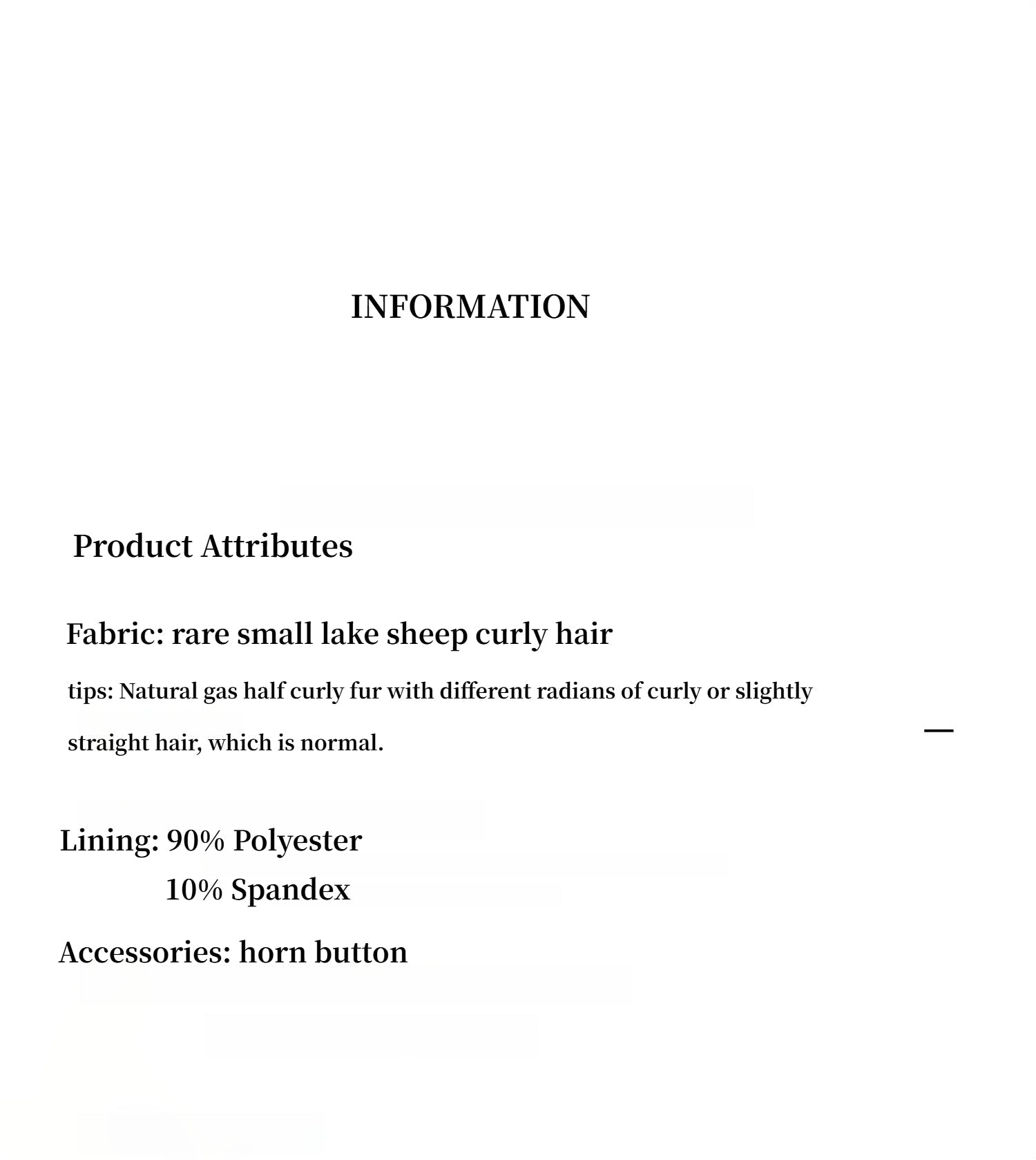 Product information card with fabric, lining, and accessory details on a white background