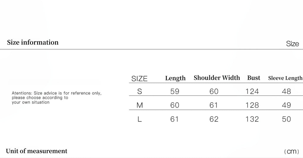 Size chart for clothing with measurements in centimeters