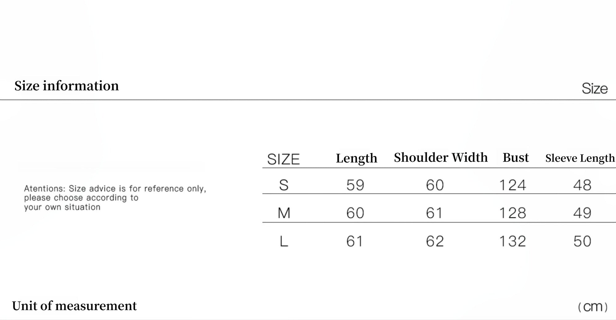 Size chart for clothing with measurements in centimeters