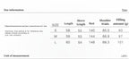 Size chart for clothing with measurements in centimeters and grams.