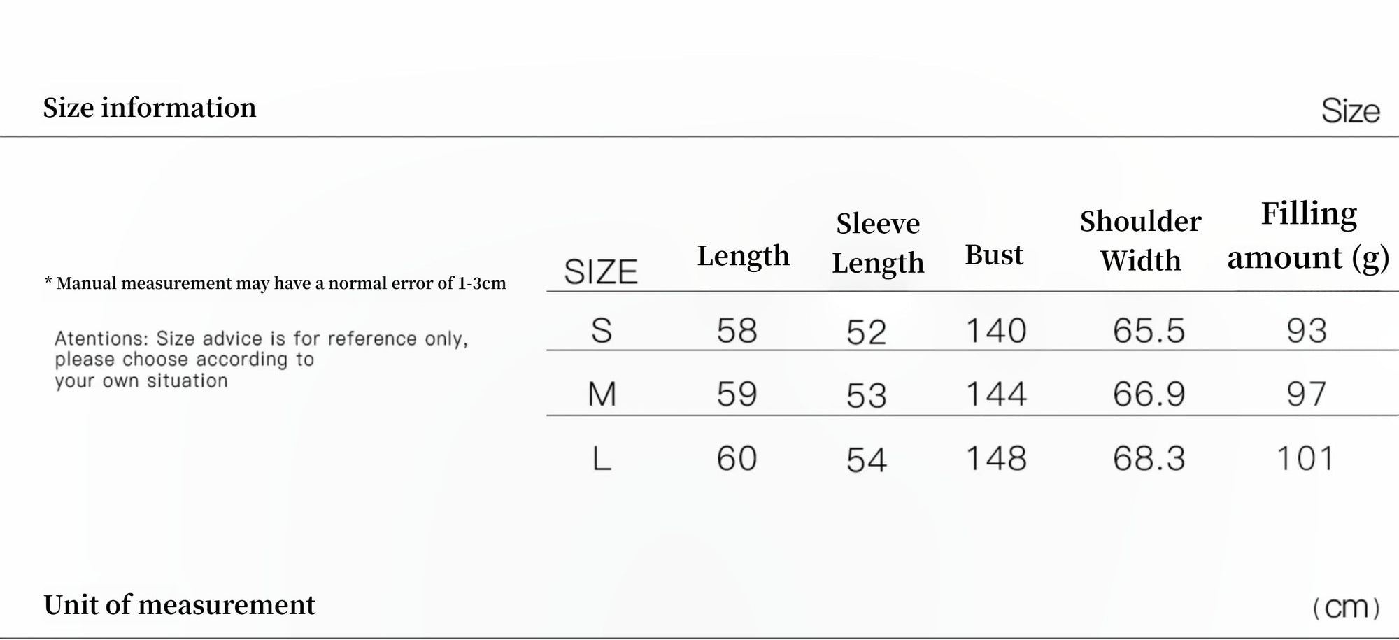 Size chart for clothing with measurements in centimeters and grams.