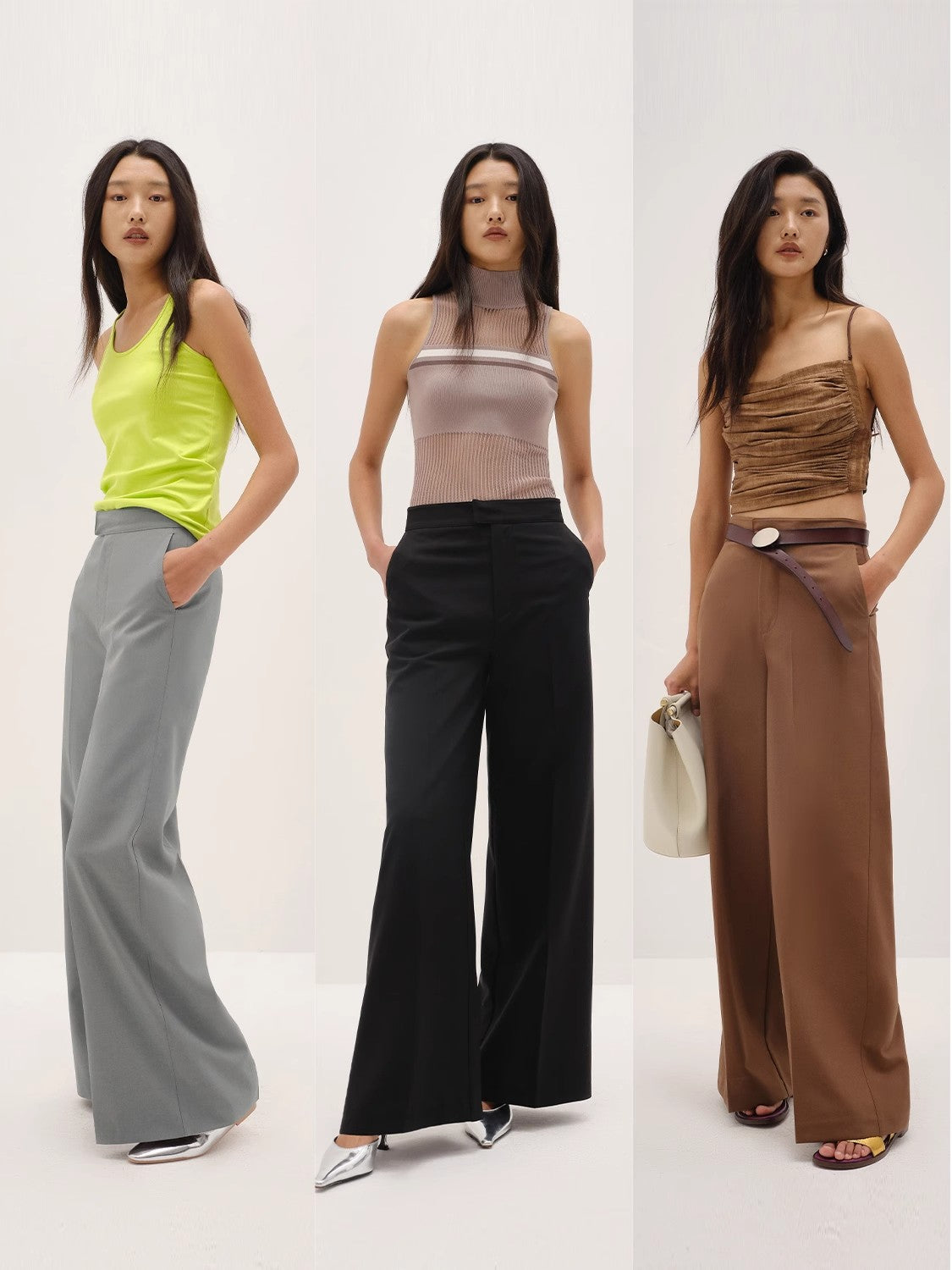 Three women wearing different outfits with wide-leg pants on a white background