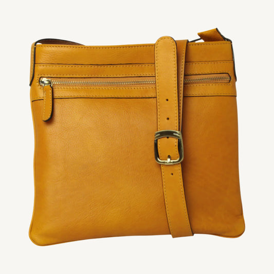 Full-grain calfskin leather hip bag, 27x28x4 cm, lightweight at 0.5 kg, with synthetic lining, inside and outside zip pockets, top zip closure, and adjustable leather shoulder strap – perfect for everyday use.