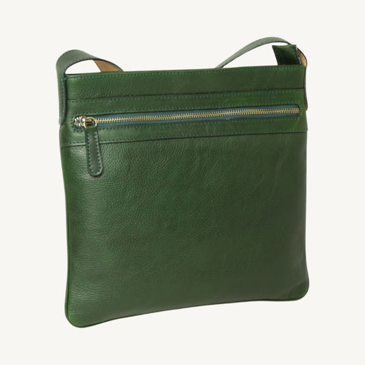 Full-grain calfskin leather hip bag, size 27 x 28 x 4 cm, 0.5 kg weight, with synthetic lining, zip pockets, top zip opening, and adjustable leather strap.