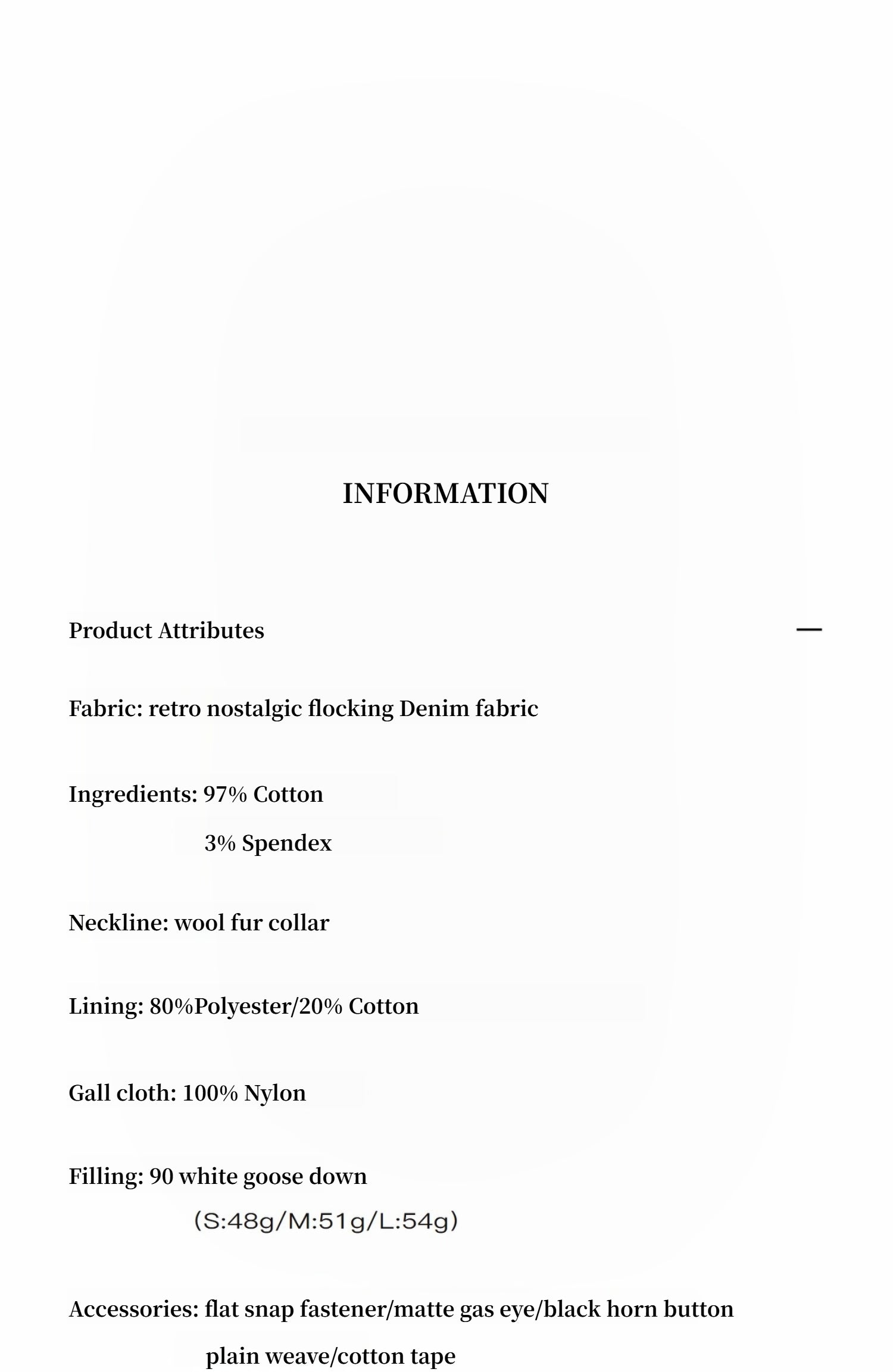 Product information sheet with fabric details and specifications on a white background