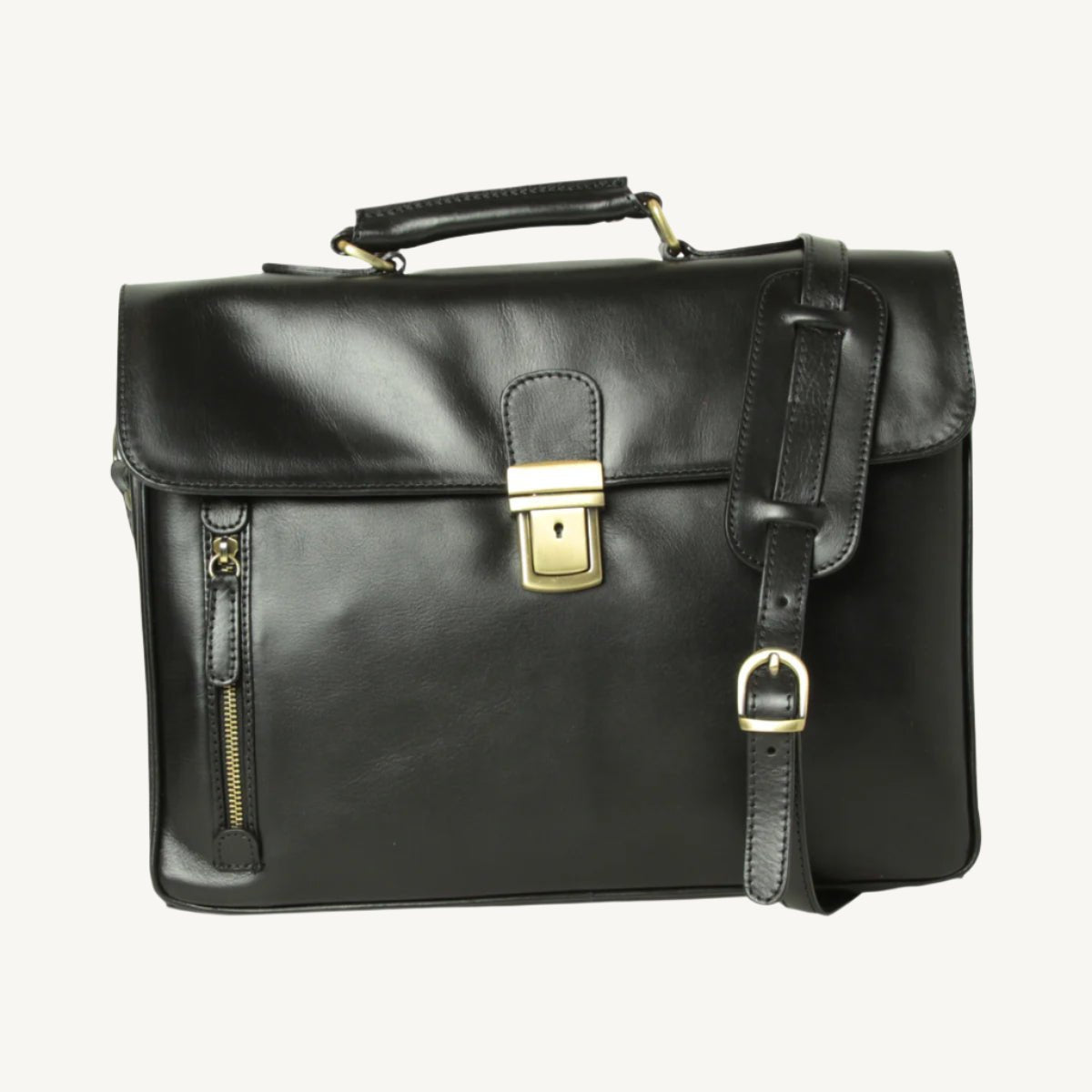 "Sophisticated black full grain leather briefcase, crafted for professionals with a timeless and durable design."