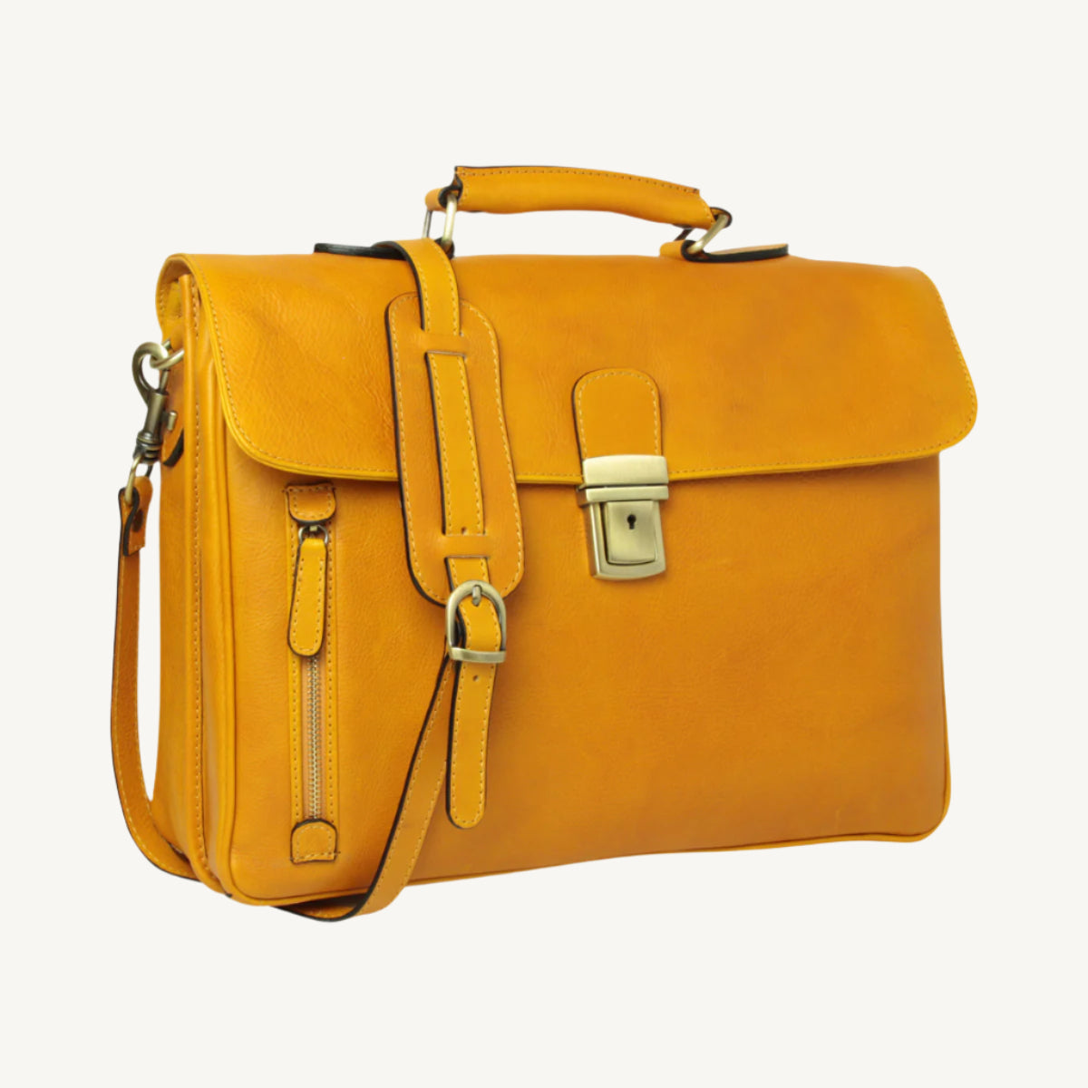 "Elegant full grain leather briefcase in yellow ocher, designed for work and business with premium craftsmanship and timeless style."