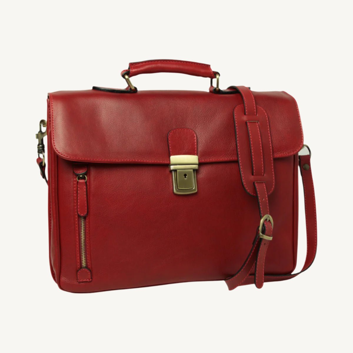 "Stylish leather messenger bag featuring synthetic lining, a laptop compartment, phone pocket, pen holders, external zip pocket, clasp flap closure, and adjustable removable shoulder strap with pad."
