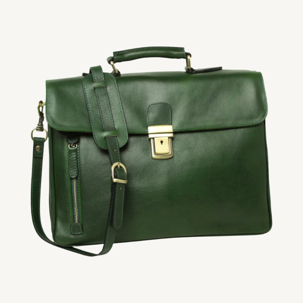 Elegant full grain leather briefcase with clasp closure, laptop compartment, phone pocket, pen holder, and adjustable shoulder strap – classic and professional.