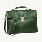 Elegant full grain leather briefcase with clasp closure, laptop compartment, phone pocket, pen holder, and adjustable shoulder strap – classic and professional.