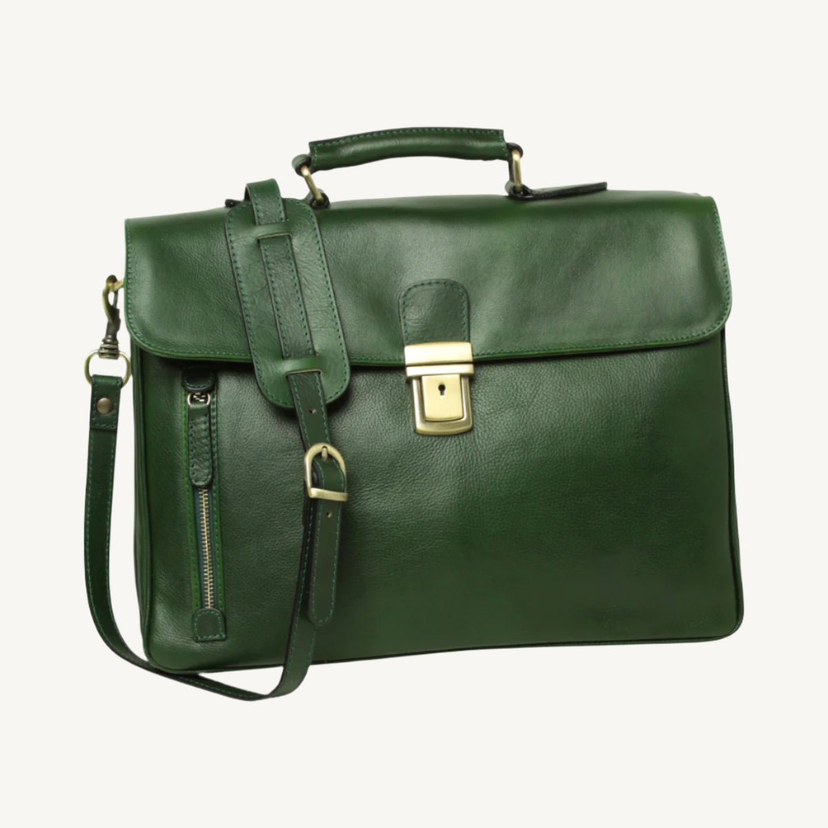 Elegant full grain leather briefcase with clasp closure, laptop compartment, phone pocket, pen holder, and adjustable shoulder strap – classic and professional.