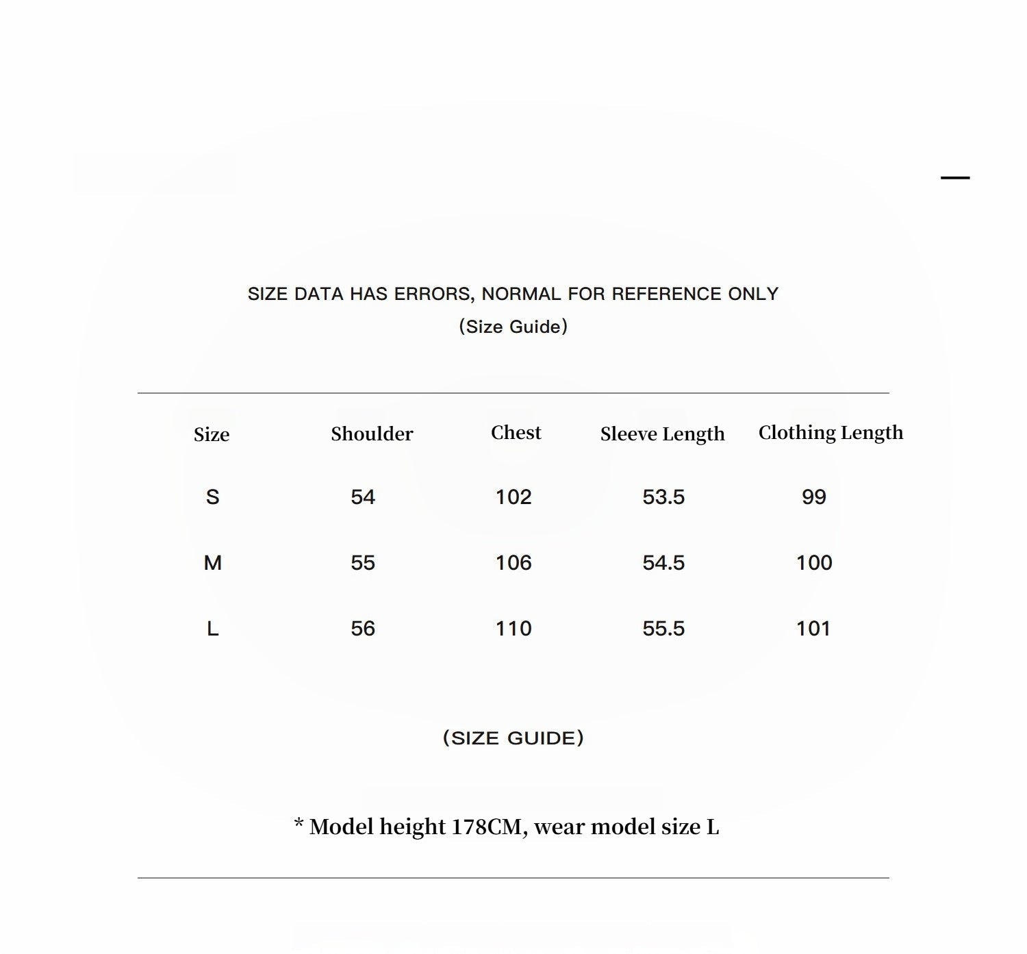 Size chart with shoulder, chest, sleeve, and clothing length measurements for sizes S, M, and L.