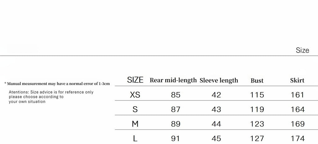 Size chart for clothing with measurements in centimeters