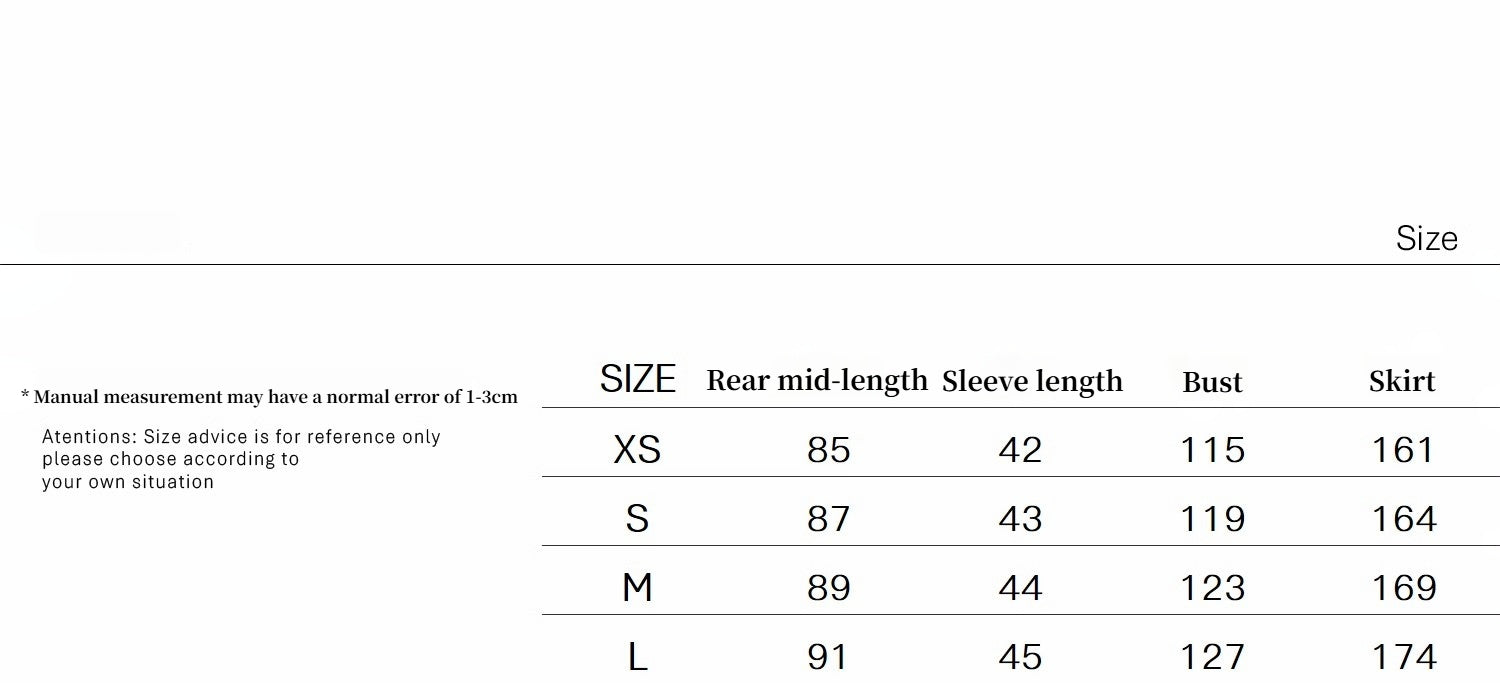 Size chart for clothing with measurements in centimeters