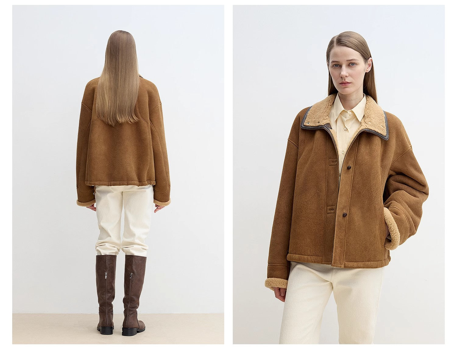 Brown jacket worn by a model on a white background