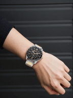 Just Cavalli JC1G204M0075 men’s chronograph watch with silver and gold-tone stainless steel case and bracelet, black dial, tachymeter scale, and date display – bold and stylish timepiece.