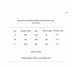 Size chart for clothing with measurements in centimeters