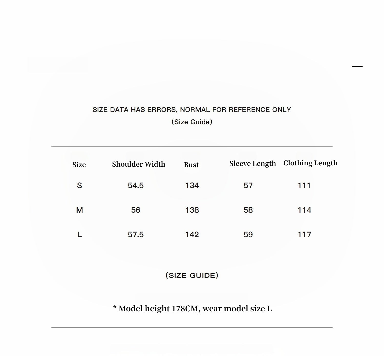 Size chart for clothing with measurements in centimeters