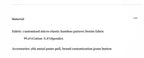 Text detailing fabric and accessory information on a white background