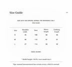 Size guide chart for clothing with measurements in centimeters