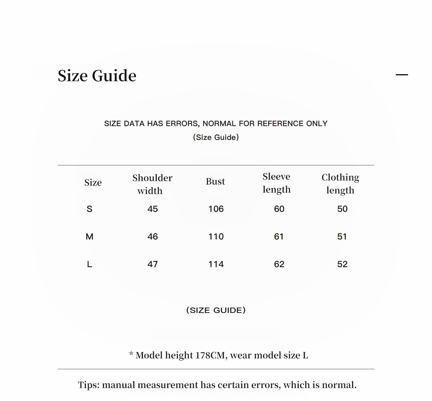 Size guide chart for clothing with measurements in centimeters