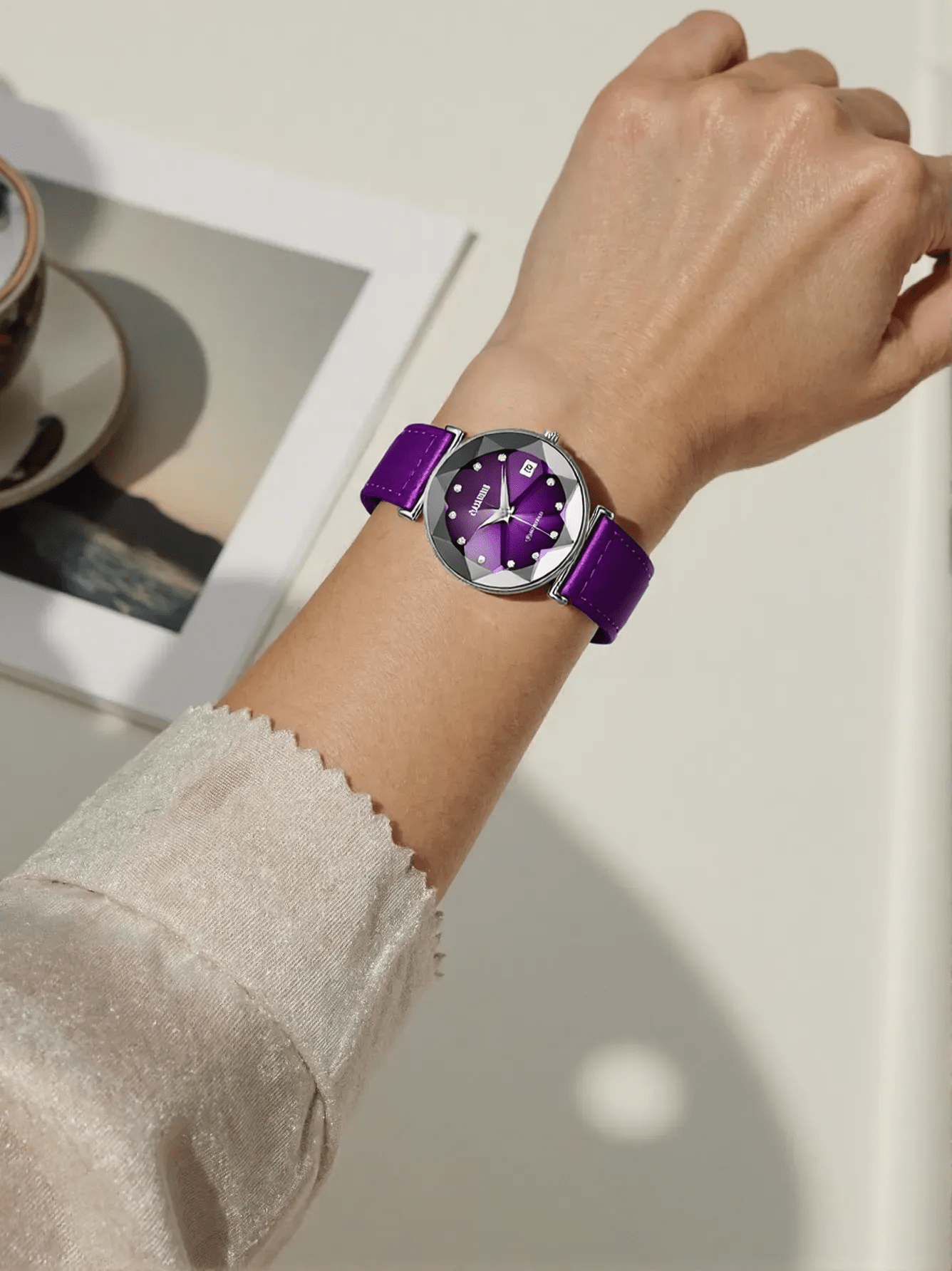 "Jowissa Facet ladies watch with silver case, purple leather strap, silver-purple dial with stones and date display, Swiss made"