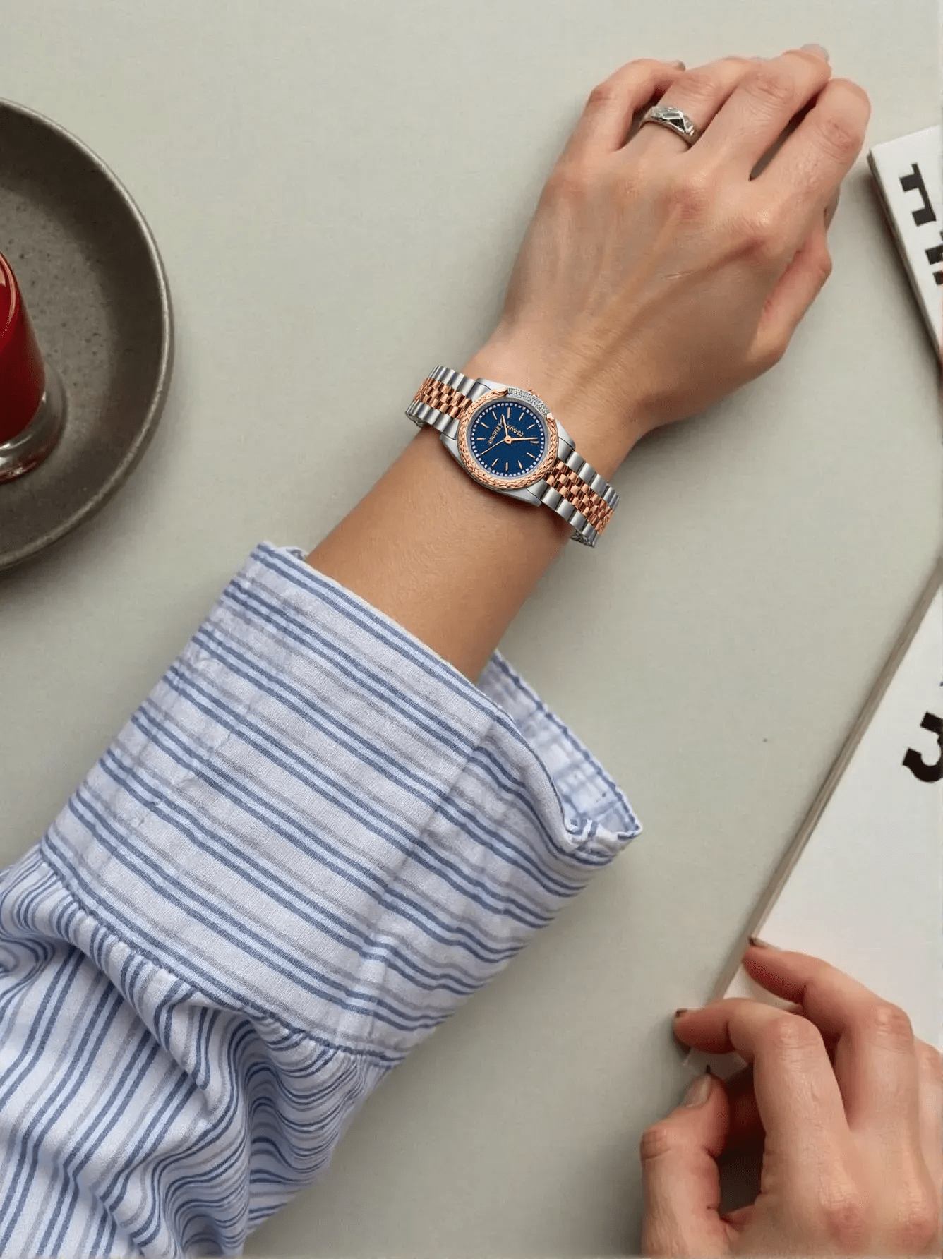 Just Cavalli Animalier JC1L195M0405 ladies watch with silver and rose gold-tone polished stainless steel case and bracelet, blue dial with sparkling stones – glamorous and bold designer timepiece.
