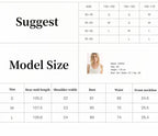 Size chart for clothing with model measurements and suggested sizes.