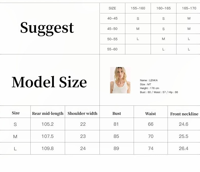 Size chart for clothing with model measurements and suggested sizes.