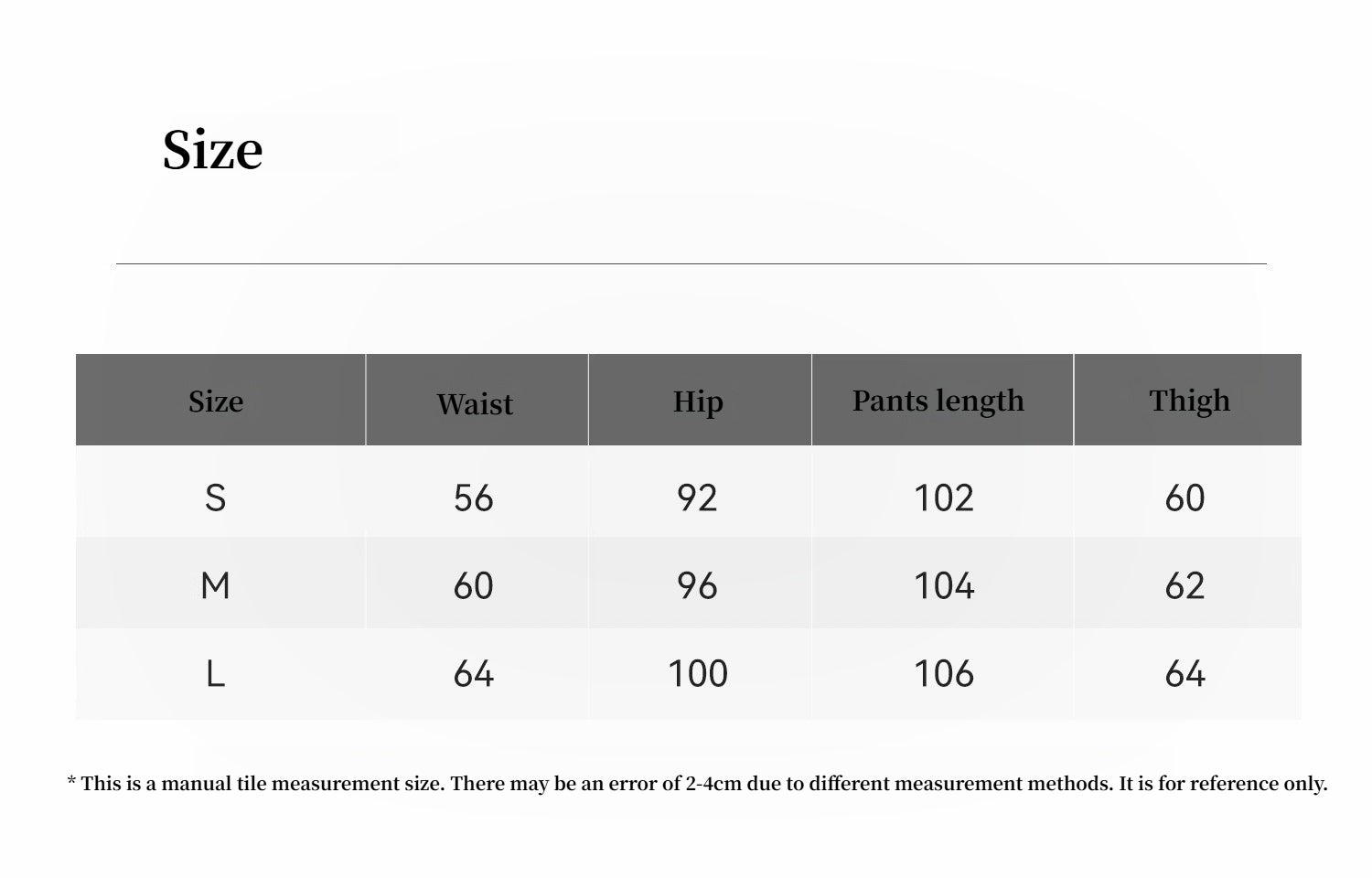 Size chart for waist, hip, pants length, and thigh measurements with S, M, and L sizes.