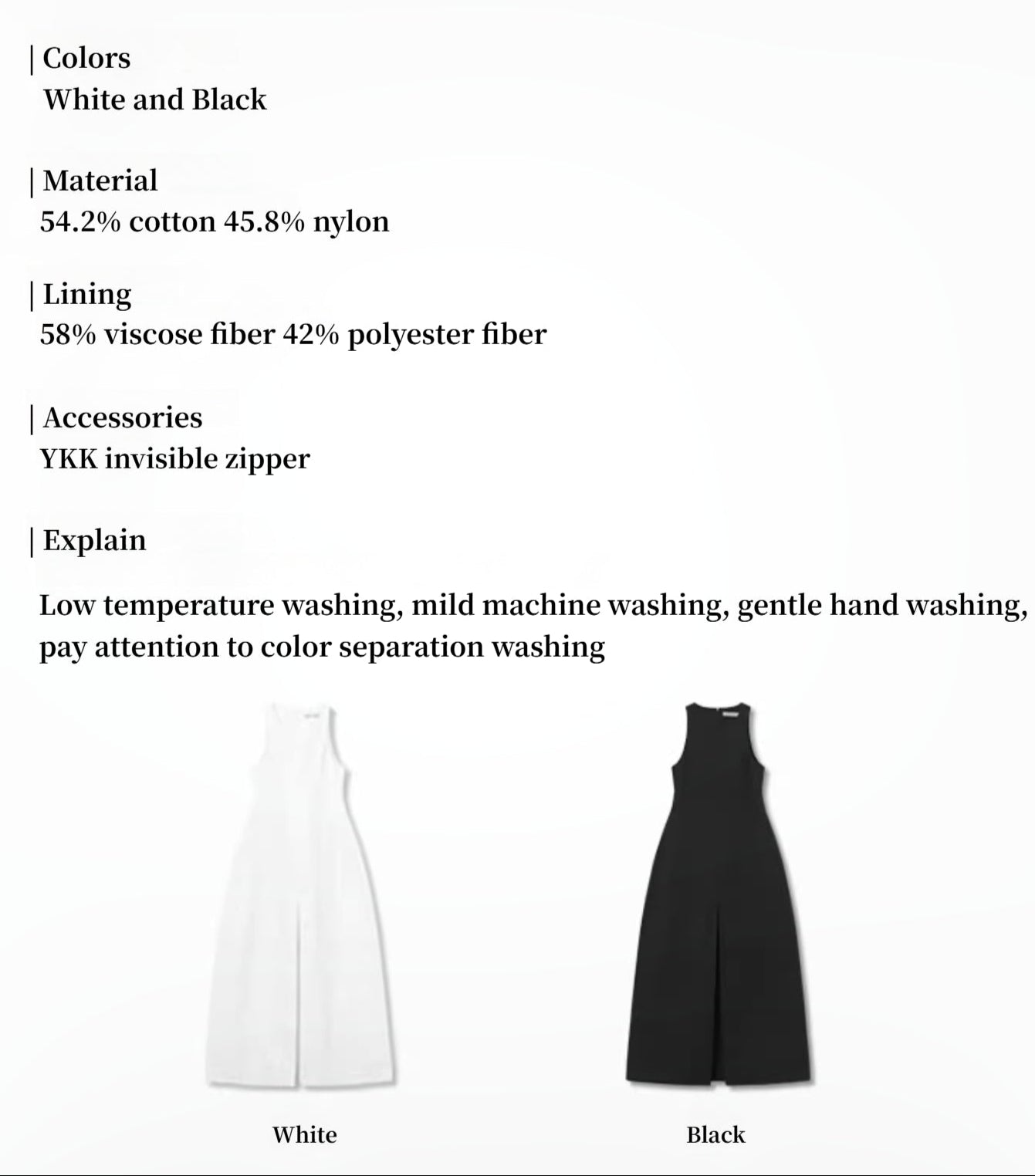 Product information card with white and black dresses on a white background