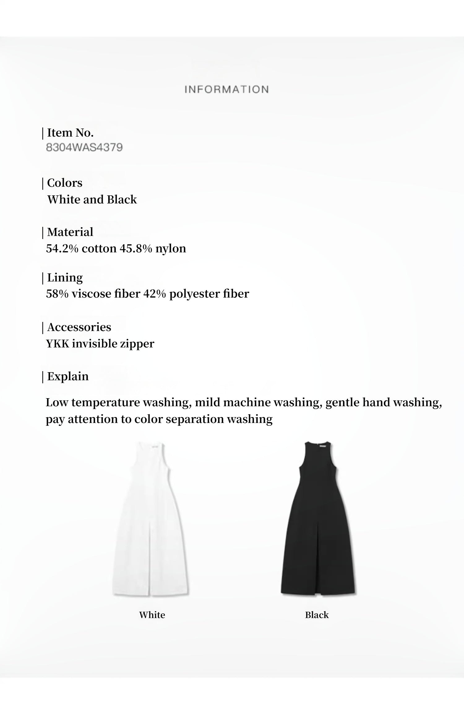 Product information card with white and black dresses on a white background