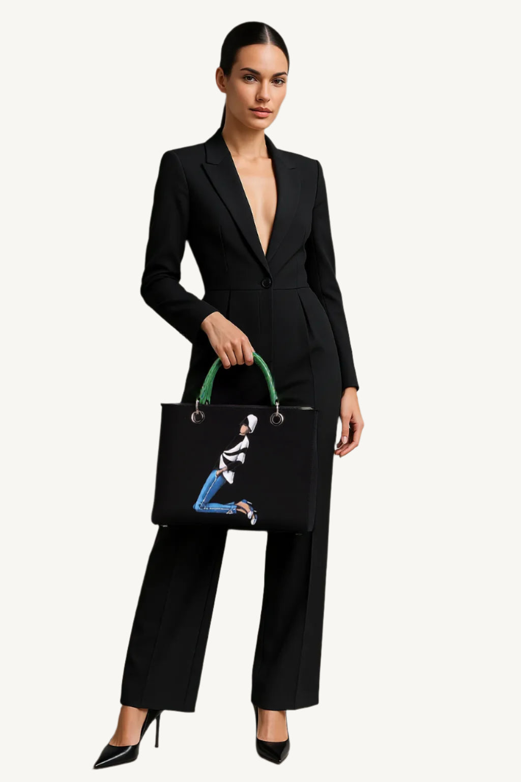 Woman holding a black handbag with a graphic design against a plain background