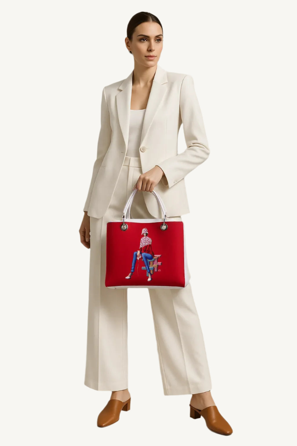 Woman holding a red handbag with a design on a plain background