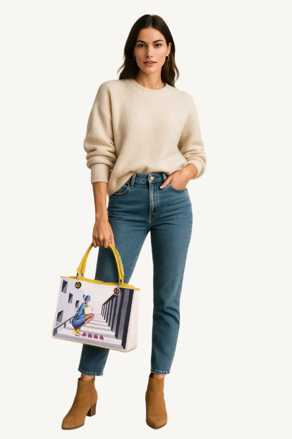 Woman holding a colorful handbag against a plain background